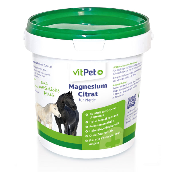 VitPet+ Magnesiumcitrat für Pferde – Premium Magnesium Pulver – 1000 g inkl. Dosierlöffel