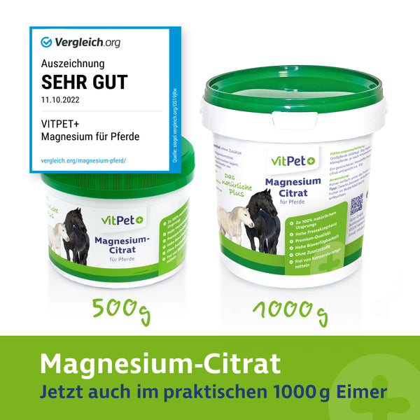 VitPet+ Magnesiumcitrat für Pferde – Premium Magnesium Pulver – 1000 g inkl. Dosierlöffel