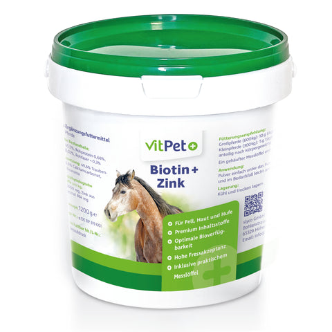 Biotin plus Zink für Pferde – Premium Ergänzungsfuttermittel – 1,2 kg inkl. Dosierlöffel